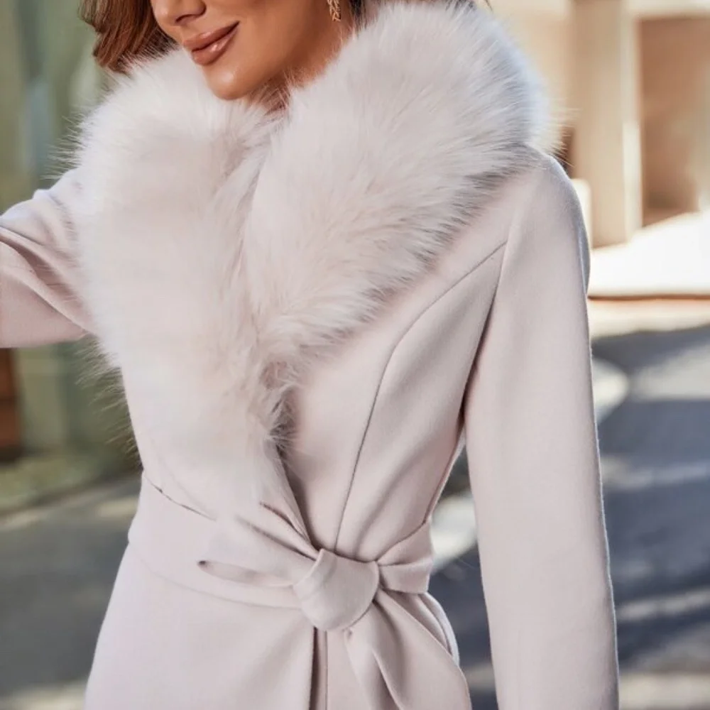 Classic Apricot Vegan Fur Pea coat belted Winter Luxe Glam - Picture 6 of 8